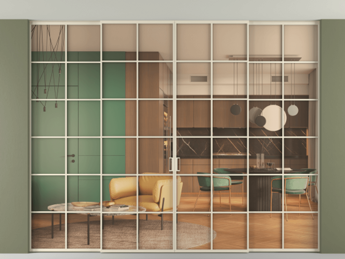 Перегородка Formato внутри проёма скрытое крепление в потолок 4 створки АЛПР 040.05 Алюминий бежево-серый Прозрачное оранжевое стекло, триплекс Цена 484508 ₽ | Volhovec