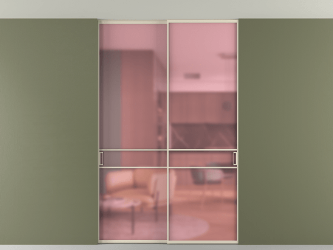 Перегородка Formato внутри проёма скрытое крепление в потолок 2 створки АЛПР 040.02 Алюминий бежево-серый Сатинированное розовое стекло, триплекс Цена 256476 ₽ | Volhovec