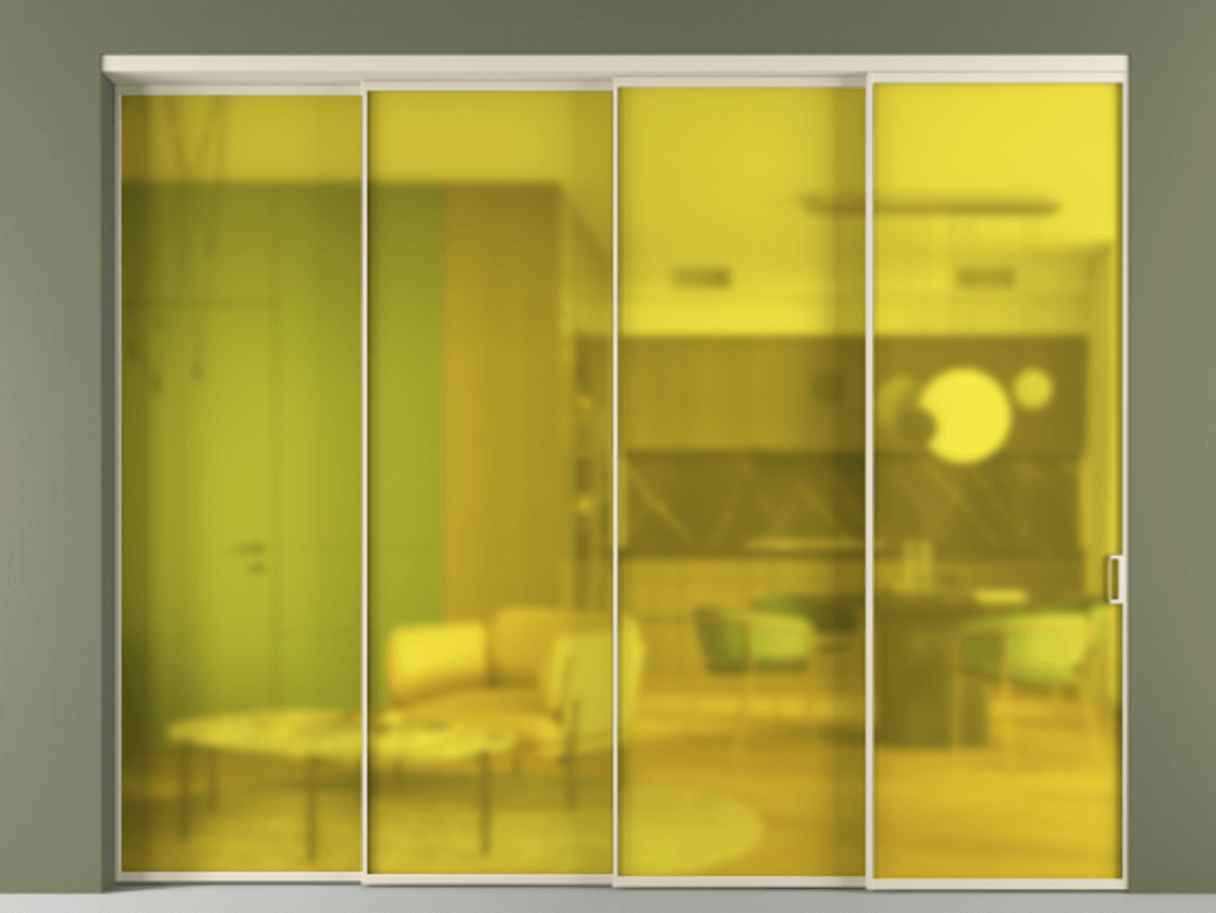 Перегородка Формато внутри проёма 4 створки с синхронным механизмом АЛПР 040.01 Алюминий бежево-серый Сатинированное жёлтое стекло, триплекс Цена 432500 ₽ | Volhovec