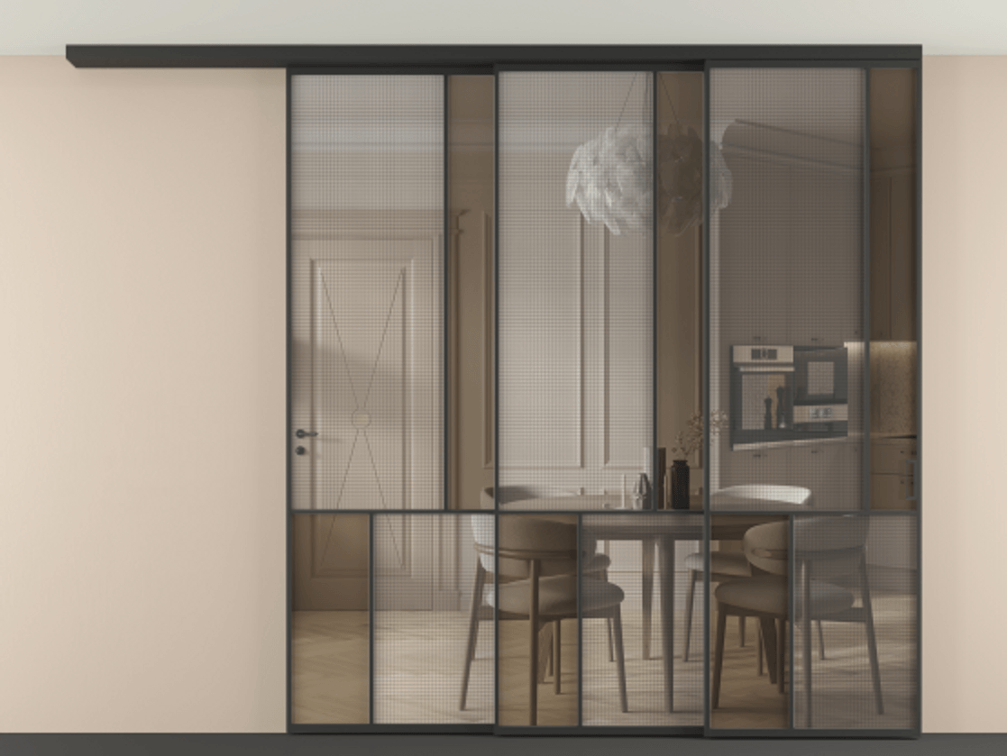 Перегородка Mosaic вдоль стены телескопик синхро 3 АЛПР 041.21 Алюминий Черный Декоративное стекло с сеткой "Mesh silver", триплекс, 6 мм + Прозрачное бронзовое стекло, триплекс, 6 мм. Скрытый короб ЧЕР Цена 465680 ₽ . Фабрика дверей Волховец 8 (800) 551 43 19 Перегородка Mosaic вдоль стены телескопик синхро 3 АЛПР 041.21 Алюминий Черный Декоративное стекло с сеткой "Mesh silver", триплекс, 6 мм + Прозрачное бронзовое стекло, триплекс, 6 мм Цена 465680 ₽ | Volhovec