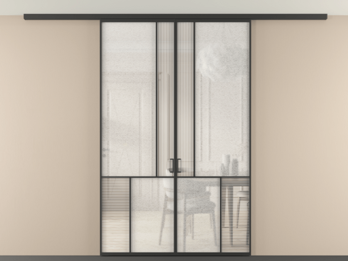 Перегородка Mosaic вдоль стены на потолок 2 створки АЛПР 041.20 Алюминий Черный Рифлёное стекло "Дюна", триплекс, 6 мм + Фактурное стекло "Лёд", триплекс Цена 268320 ₽ | Volhovec