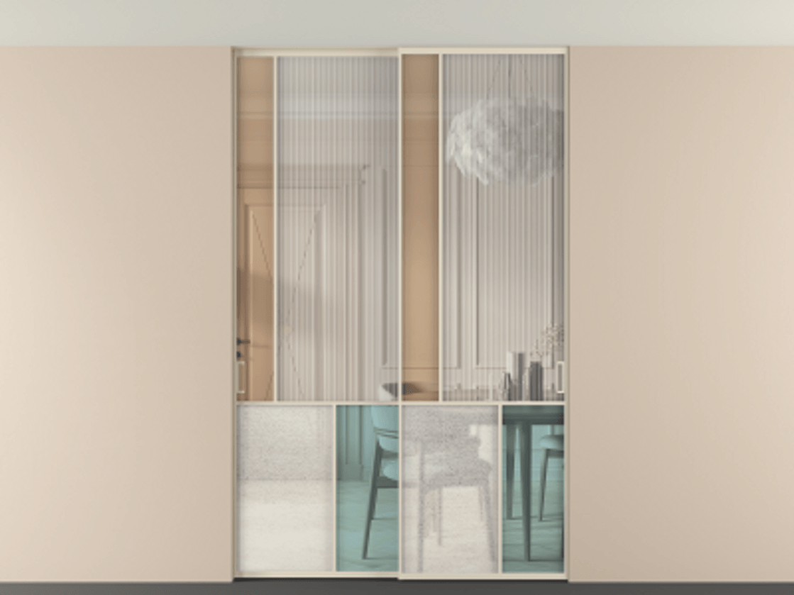 Перегородка Mosaic внутри проёма скрытое крепление в потолок 2 створки АЛПР 041.20 Алюминий бежево-серый Комбинация стекол Группы 1 и Группы 3 Цена 336580 ₽ | Volhovec