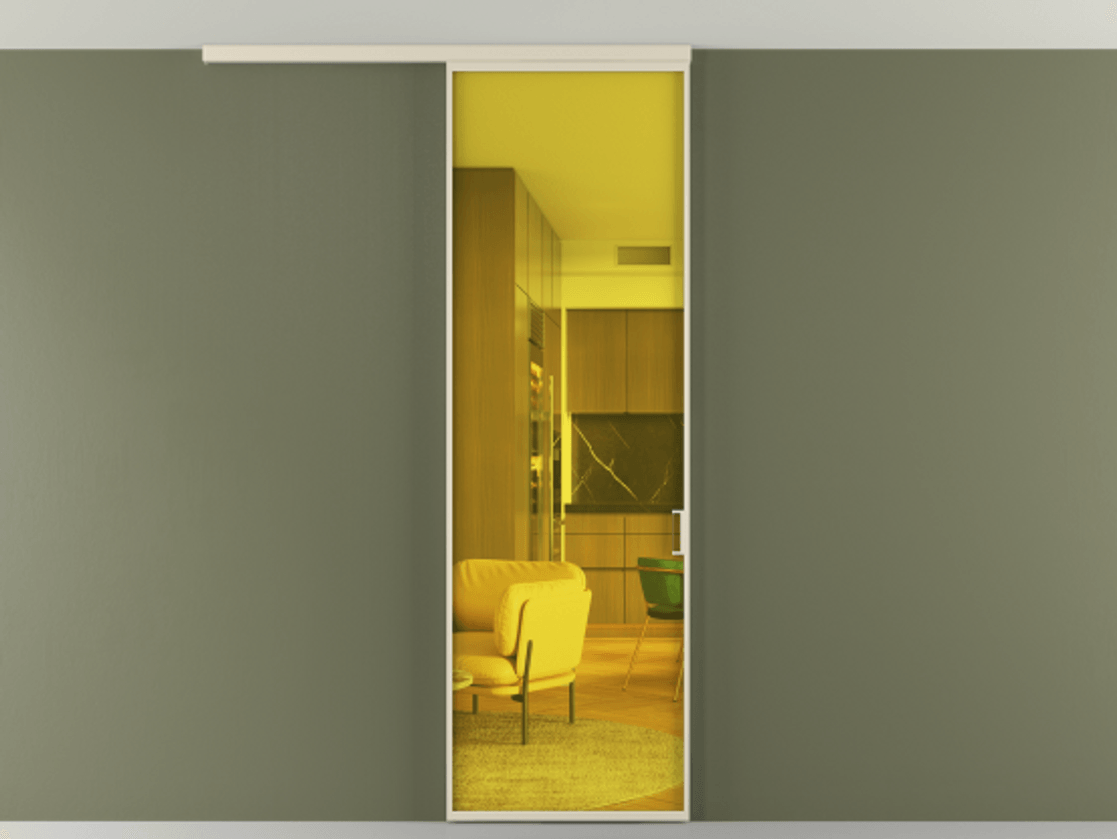 Перегородка Formato вдоль стены на потолок 1 створка АЛПР 040.01 Алюминий бежево-серый Прозрачное жёлтое стекло, триплекс Цена 96236 ₽ | Volhovec