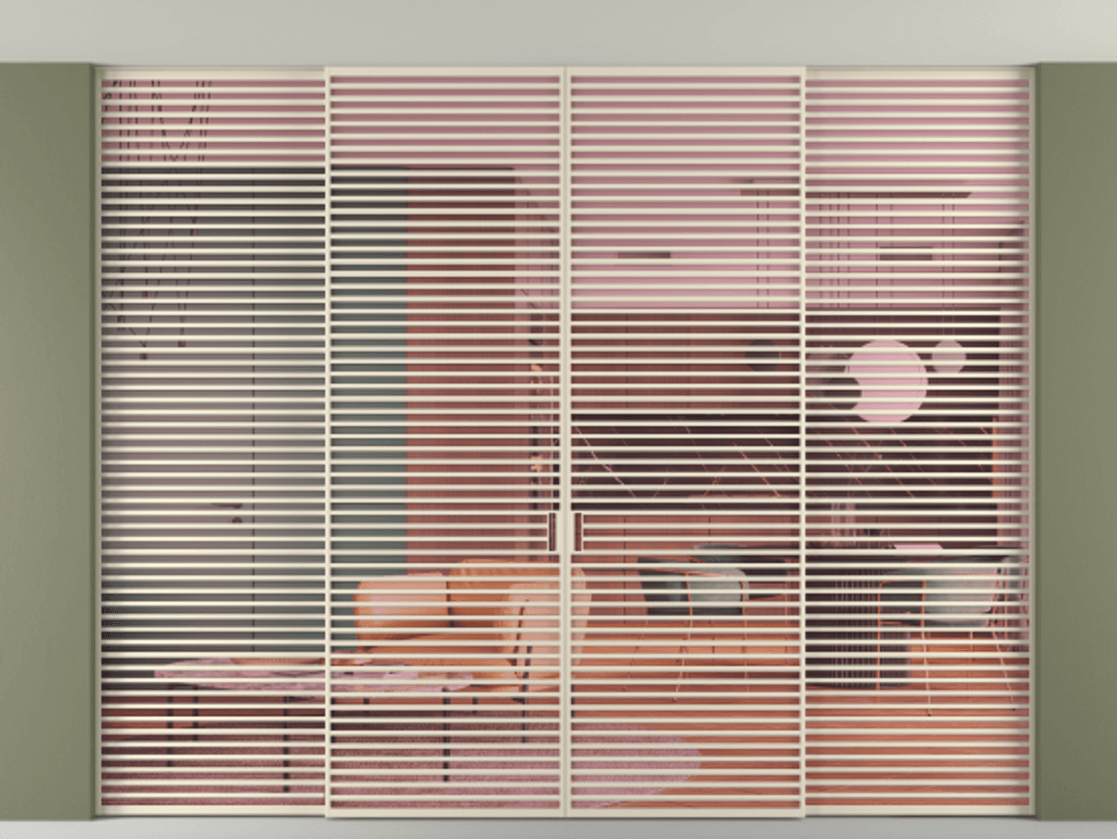 Перегородка Formato внутри проёма скрытое крепление в потолок 4 створки АЛПР 040.07 Алюминий бежево-серый Прозрачное розовое стекло, триплекс Цена 802012 ₽ | Volhovec