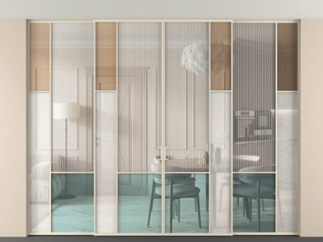 Перегородка Mosaic внутри проёма скрытое крепление в потолок 4 створки АЛПР 041.12 Алюминий бежево-серый Комбинация стекол Группы 1 и Группы 3 Цена 617260 ₽ | Volhovec