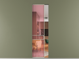 Алюминевая перегородка skr1_02_ Алюминий бежево-серый Прозрачное розовое стекло, триплекс, 6мм. Цвет Алюминий бежево-серый. Материал Алюминий в эмали. Коллекция Перегородка Formato скрытый пенал 1 створка. Картинка.