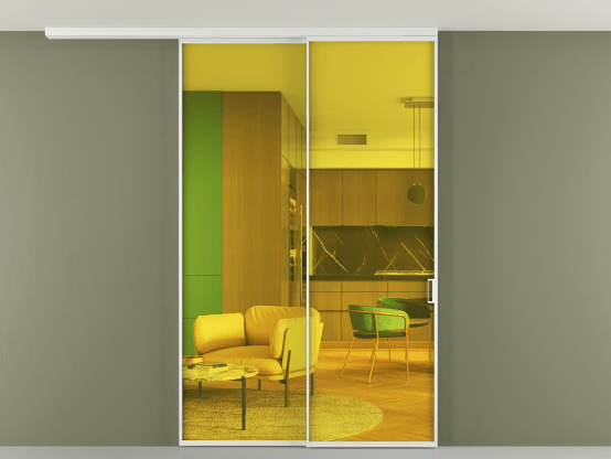 Алюминевая перегородка АЛПР 040.01_АБЛ_ПРОЗ ЖЕЛ_new. Цвет Алюминий белоснежный. Материал Алюминий в эмали. Коллекция Перегородка Formato вдоль стены на потолок 2 створки с синхронным механизмом. Картинка.