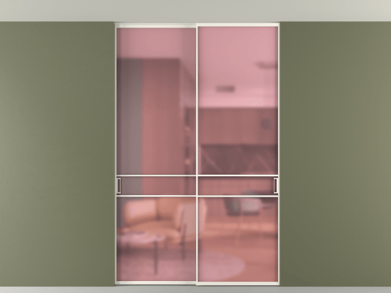 Алюминевая перегородка vn2_02 Алюминий пудровый белый Сатинированное розовое стекло, триплекс, 6мм. Цвет Алюминий пудровый белый. Материал Алюминий в эмали. Коллекция Перегородка Formato внутри проёма скрытое крепление в потолок 2 створки. Картинка.