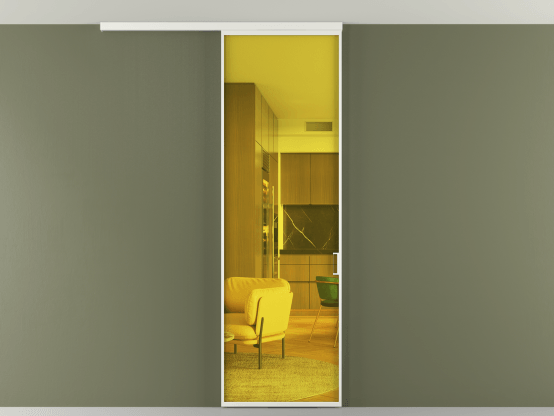 Алюминевая перегородка vd1_01 Алюминий светло-серый Прозрачное жёлтое стекло, триплекс, 6мм. Цвет Алюминий светло-серый. Материал Алюминий в эмали. Коллекция Перегородка Formato вдоль стены на потолок 1 створка. Картинка.