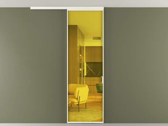 Алюминевая перегородка vd1_01 Алюминий пудровый белый Прозрачное жёлтое стекло, триплекс, 6мм. Цвет Алюминий пудровый белый. Материал Алюминий в эмали. Коллекция Перегородка Formato вдоль стены на потолок 1 створка. Картинка.