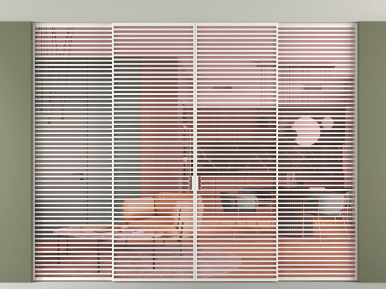 Алюминевая перегородка vn2+2_07 Алюминий светло-серый Прозрачное розовое стекло, триплекс, 6мм. Цвет Алюминий светло-серый. Материал Алюминий в эмали. Коллекция Перегородка Formato внутри проёма скрытое крепление в потолок 4 створки. Картинка.