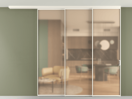 Алюминевая перегородка pv3_01_ Алюминий пудровый белый Сатинированное оранжевое стекло, триплекс, 6мм. Цвет Алюминий пудровый белый. Материал Алюминий в эмали. Коллекция Перегородка Formato вдоль стены на потолок 3 створки с синхронным механизмом. Картинка.