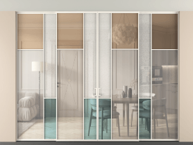 Алюминевая перегородка vntp4_7 Алюминий пудровый белый Четыре стекла. Цвет Алюминий пудровый белый. Материал Алюминий в эмали. Коллекция Перегородка Mosaic внутри проёма скрытое крепление в потолок 4 створки. Картинка.