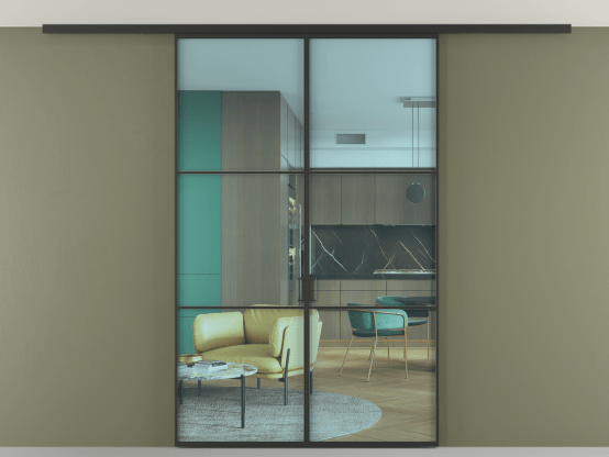 Алюминевая перегородка АЛПР 040.03_ЧРН_ПРОЗ ГОЛ_new. Цвет Алюминий Черный. Материал Алюминий. Коллекция Перегородка Formato вдоль стены на потолок 2 створки. Картинка.