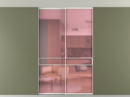 Алюминевая перегородка vn2_02 Алюминий светло-серый Сатинированное розовое стекло, триплекс, 6мм. Цвет Алюминий светло-серый. Материал Алюминий в эмали. Коллекция Перегородка Formato внутри проёма скрытое крепление в потолок 2 створки. Картинка.