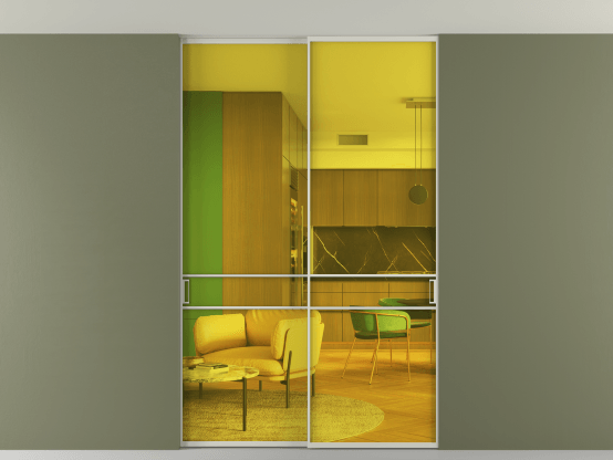 Алюминевая перегородка vn2_02 Алюминий тёплый серый Прозрачное жёлтое стекло, триплекс, 6мм. Цвет Алюминий тёплый серый. Материал Алюминий в эмали. Коллекция Перегородка Formato внутри проёма скрытое крепление в потолок 2 створки. Картинка.