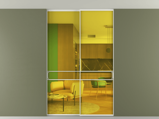 Алюминевая перегородка vn2_02 Алюминий светло-серый Прозрачное жёлтое стекло, триплекс, 6мм. Цвет Алюминий светло-серый. Материал Алюминий в эмали. Коллекция Перегородка Formato внутри проёма скрытое крепление в потолок 2 створки. Картинка.