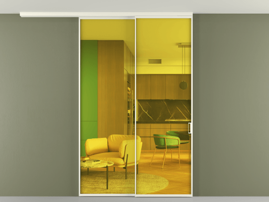 Алюминевая перегородка АЛПР 040.01_АЖМ_ПРОЗ ЖЕЛ_new. Цвет Алюминий жемчужный. Материал Алюминий в эмали. Коллекция Перегородка Formato вдоль стены на потолок 2 створки с синхронным механизмом. Картинка.